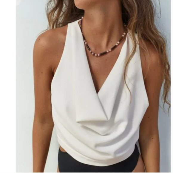 ZARA White Minimalist Cowl Neck Blouse Top Size L - Picture 1 of 11